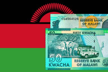 Malawi 50 kwacha banknot, tasarım için parça. Malavi parası. Ulusal Malavi bayrağı.
