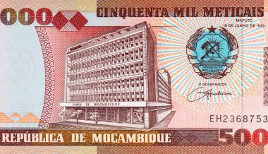 Maputo 'daki Banco de Mocambique binasının görüntüsüne sahip Mozambik 50000 Meticais 2003 banknotu. Mozambik parası