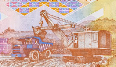 Açık çukur yöntemiyle Bauxite madenciliği imajı verilmiş 1000 gine frangı. Afrika Gine parası. Yakın plan..