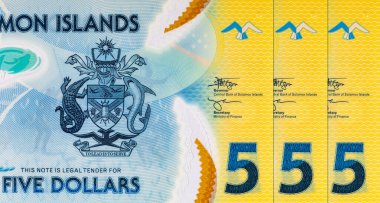 Solomon Adaları 5 Dolar. Polimer banknot parçası 2019 'da çıkarılmış ton balığını gösteriyor. Solomon Adalarının Parası.