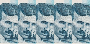 Nikola Tesla 'nın portresiyle 100 Dinara Sırbistan banknotu. Sırbistan ve Avrupa 'nın Parası.