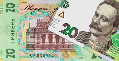 Tasarımcılar için 20 Hryvnia banknotunun bir parçası. Ukrayna 'nın kağıt parası.