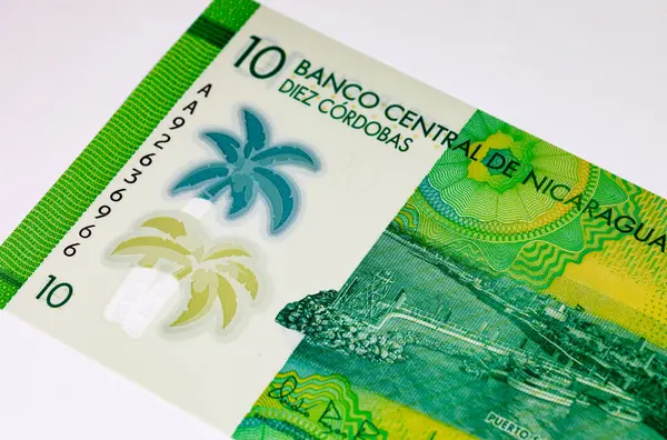 10 Cordobas Nikaragua, tasarım için bir banknotun parçası. Nikaragua 'nın polimer parası