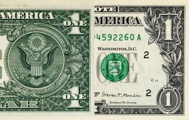 Kağıt banknotların klasik unsurları. Bonistikler. Tasarım amaçlı 1 Amerikan doları banknotunun bir parçası. Amerika Birleşik Devletleri