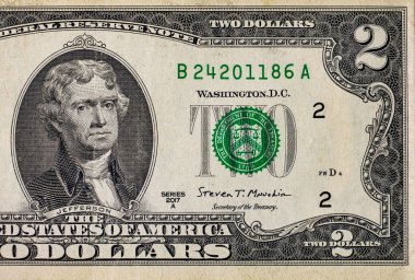 Amerika 'nın 2 dolarlık banknotu. Amerika 'nın kağıt parası. Doların bir parçası