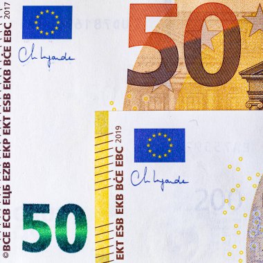 Banknote 50 euro ve 200 euro, tasarım faturasının bir parçası. 
