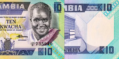 Banknote 10 kwacha Zambia, tasarım için parça. Zambiya ve Afrika 'nın parası
