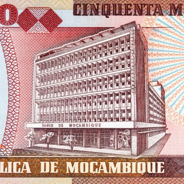 Maputo 'daki Banco de Mocambique binasının görüntüsüne sahip Mozambik 50000 Meticais 2003 banknotu. Mozambik parası