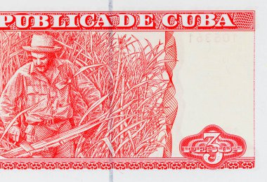 Kübalı 3 peso ve şeker kamışı kesen bir çiftçinin portresi. Antika Küba parası.