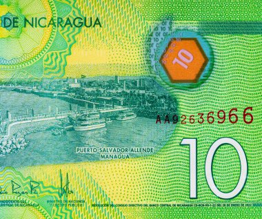 10 Cordobas Nikaragua, tasarım için bir banknotun parçası. Nikaragua 'nın polimer parası