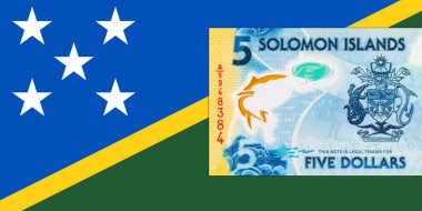 Solomon Adaları 5 Dolar. Polimer banknot parçası 2019 'da çıkarılmış ton balığını gösteriyor. Solomon Adalarının Parası.