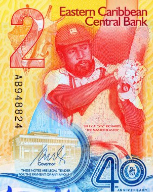 Doğu Karayipler 'e 2 dolar, üzerinde kriket oyuncusu Sir Viv Richards' ın portresi olan hatıra banknotu. Doğu Karayip parası
