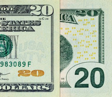 Tasarım amaçlı 20 dolarlık banknotun bir parçası. Çeşitli Amerikan banknotlarına yakın çekim. ABD para birimi.