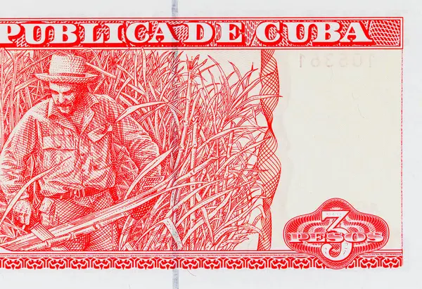 Kübalı 3 peso ve şeker kamışı kesen bir çiftçinin portresi. Antika Küba parası.