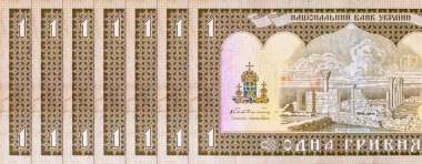 Ukrayna 1 Hryvnia banknotunun bir parçası ve Chersonese harabeleri. Ukrayna 'nın kağıt parası.