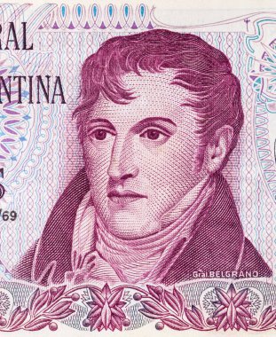 General Manuel Belgrano 'nun portresiyle Arjantin' in 10 peso banknotu. Arjantin 'in eski kağıt parası. Tasarım için bir banknotun parçası.