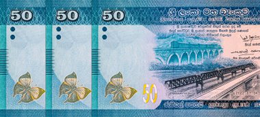 Banknote 50 rupi Sri Lanka Manampitiya Köprüsü resmi, tasarım için parça. Sri Lanka 'nın Parası
