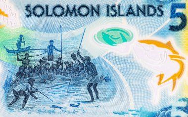 Solomon Adaları 5 Dolar. Polimer banknot, sualtında balık tutan bir adam resmi. Solomon Adalarının Parası.