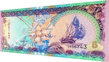 5 Rufiyaa Maldivler, 2011, tekne görüntüsü. Maldivler 'in kağıt parası. Tasarımcılar için banknot ögeleri.