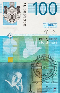 Nikola Tesla 'nın portresiyle 100 Dinara Sırbistan banknotu. Sırbistan ve Avrupa 'nın Parası.