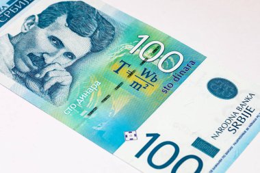 Nikola Tesla 'nın portresiyle 100 Dinara Sırbistan banknotu. Sırbistan ve Avrupa 'nın Parası.