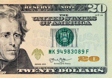 Tasarım amaçlı 20 dolarlık banknotun bir parçası. Çeşitli Amerikan banknotlarına yakın çekim. ABD para birimi.