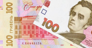 Tasarımcılar için 100 Hryvnia banknotunun bir parçası. Ukrayna 'nın kağıt parası.