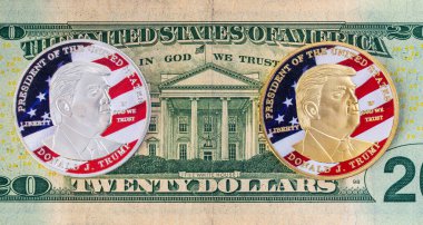 Amerika Birleşik Devletleri 'nin 20 dolarlık banknotunun üzerinde Donald Trump' ın portresi olan sikke. Amerika 'yı Yeniden Harika Yapalım.