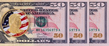 Amerika Birleşik Devletleri 'nin 50 dolarlık banknotunun üzerinde Donald Trump' ın portresi olan sikke. Amerika 'yı Yeniden Harika Yapalım.
