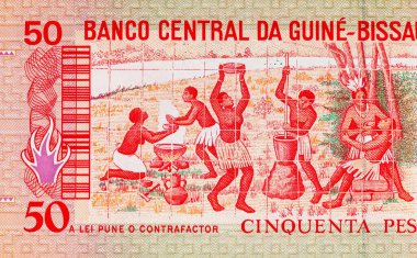 Ulusal kabileleri tasvir eden Gine-Bissau 'nun 50 peso banknotu. Gine-Bissau 'nun kağıt parası..