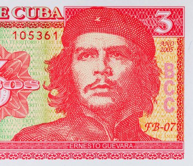 Ernesto Che Guevara 'nın portresiyle Küba' dan 3 peso. Küba 'nın antika parası