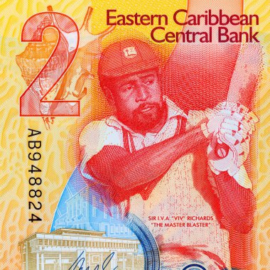 Doğu Karayipler 'e 2 dolar, üzerinde kriket oyuncusu Sir Viv Richards' ın portresi olan hatıra banknotu. Doğu Karayip parası