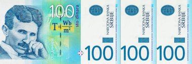 Nikola Tesla 'nın portresiyle 100 Dinara Sırbistan banknotu. Sırbistan ve Avrupa 'nın Parası.