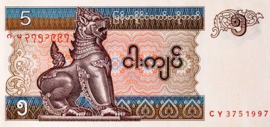 Myanmar 5 kyat banknot, tasarımcılar için parça. Myanmar kağıt para.