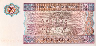 Myanmar 5 kyat banknot, tasarımcılar için parça. Myanmar kağıt para.