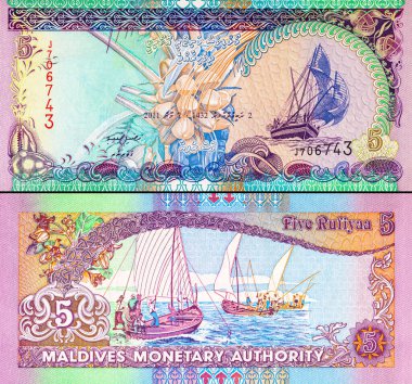 5 Rufiyaa Maldivler, 2011, tekne görüntüsü. Maldivler 'in kağıt parası. Tasarımcılar için banknot ögeleri.
