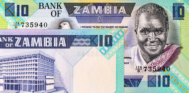 Banknote 10 kwacha Zambia ve Başkan Kenneth Kaunda 'nın portresi tasarım için. Zambiya ve Afrika 'nın parası
