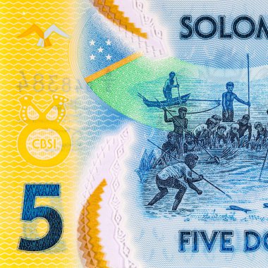 Solomon Adaları 5 Dolar. Polimer banknot, sualtında balık tutan bir adam resmi. Solomon Adalarının Parası.