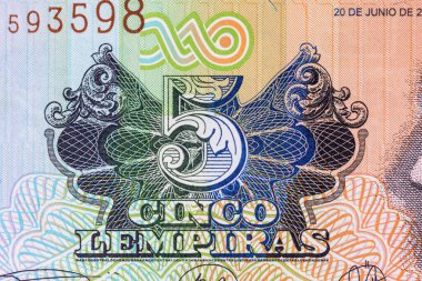 Honduras 'lı Banknote 5 Lempiras. Tasarımcılar için parça. Honduras 'ın kağıt parası..