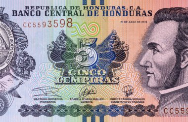Honduras 'lı Banknote 5 Lempiras. Tasarımcılar için parça. Honduras 'ın kağıt parası..