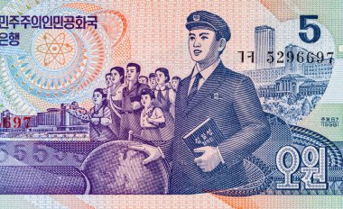 Banknote 5 Kuzey Kore 1998 'de Kim Il-sung Üniversitesi, Mangyongdae Çocuk Sarayı Pyongyang' da ve atom ve nükleer gücün sembolü. Kuzey Kore 'nin parası.