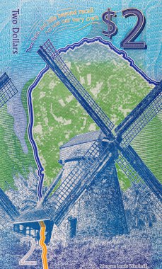 2 Dolar Barbados 2022, Morgan Lewis Windmill 'in görüntüsüyle. Polimer parası Barbados.