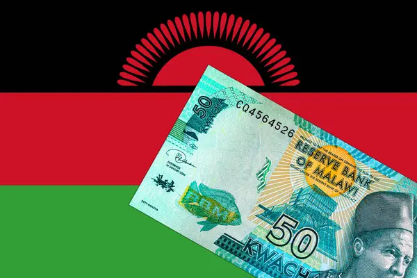 Malawi 50 kwacha banknot, tasarım için parça. Malavi parası. Ulusal Malavi bayrağı.