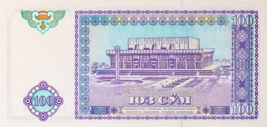 Özbekistan 'ın 100 banknotu, Taşkent' teki Uluslar Meydanı Dostluğu resmi, tasarım için bir parça. Özbekistan 'ın kağıt parası.