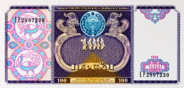 Özbekistan 'ın 100 banknotu, tasarım için bir parça. Özbekistan 'ın kağıt parası.
