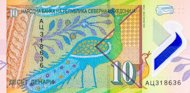 Polimer parası. Banknote 10 dinar Makedonya, 2020. Makedonya 'nın Para Birimi