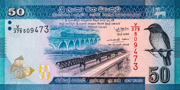 Banknote 50 rupi Sri Lanka Manampitiya Köprüsü resmi, tasarım için parça. Sri Lanka 'nın Parası