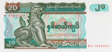 1994 'te Myanmar' da 20 Kyats banknotunun bir parçası. Asya ve Myanmar 'ın kağıt parası.