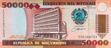Maputo 'daki Banco de Mocambique binasının görüntüsüne sahip Mozambik 50000 Meticais 2003 banknotu. Mozambik parası