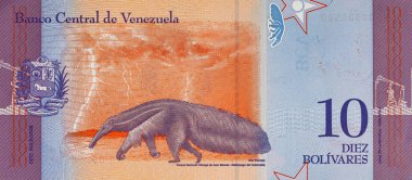 10 Bolivares Venezuela, dev karıncayiyen görüntüsüyle (Myrmecophaga Tridactyla). Venezuela 'nın kağıt parası.